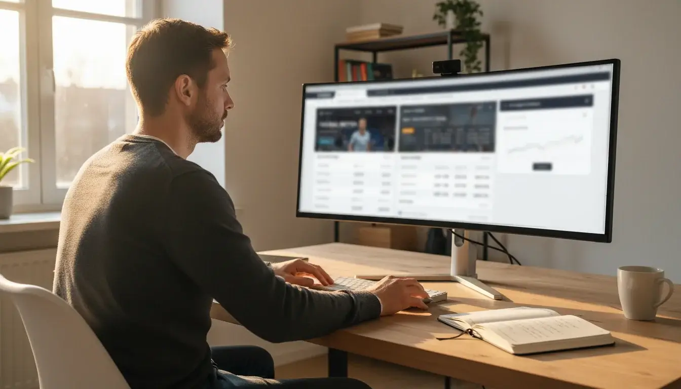 Professioneller Sportwetter recherchiert Bitcoin-Buchmacher am modernen Arbeitsplatz