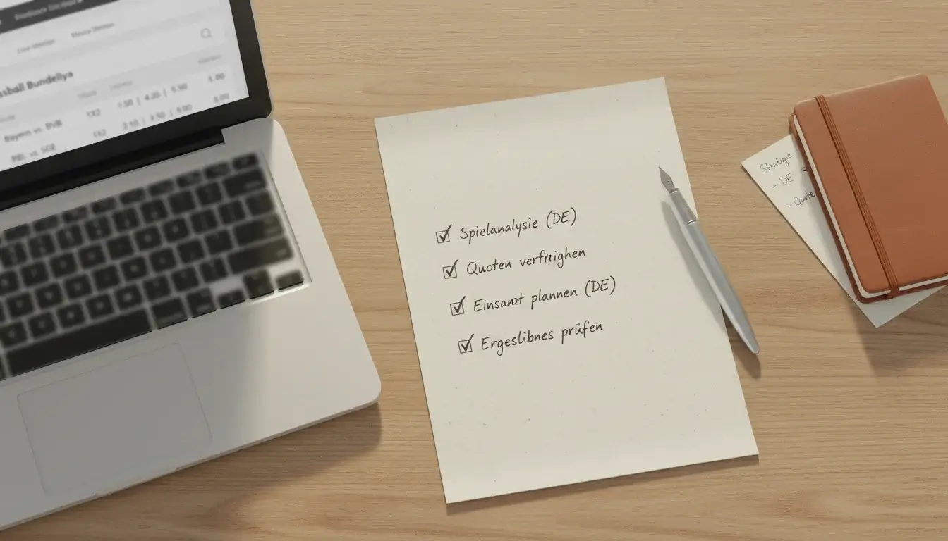 Checkliste mit wichtigen Kriterien für die Buchmacher-Auswahl auf einem Schreibtisch