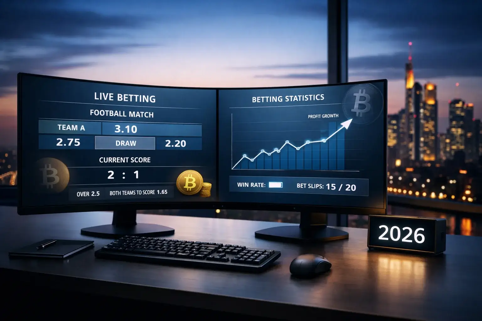 Futuristisches Sportwetten-Setup mit Bitcoin-Symbolen und Trendanzeigen für 2026