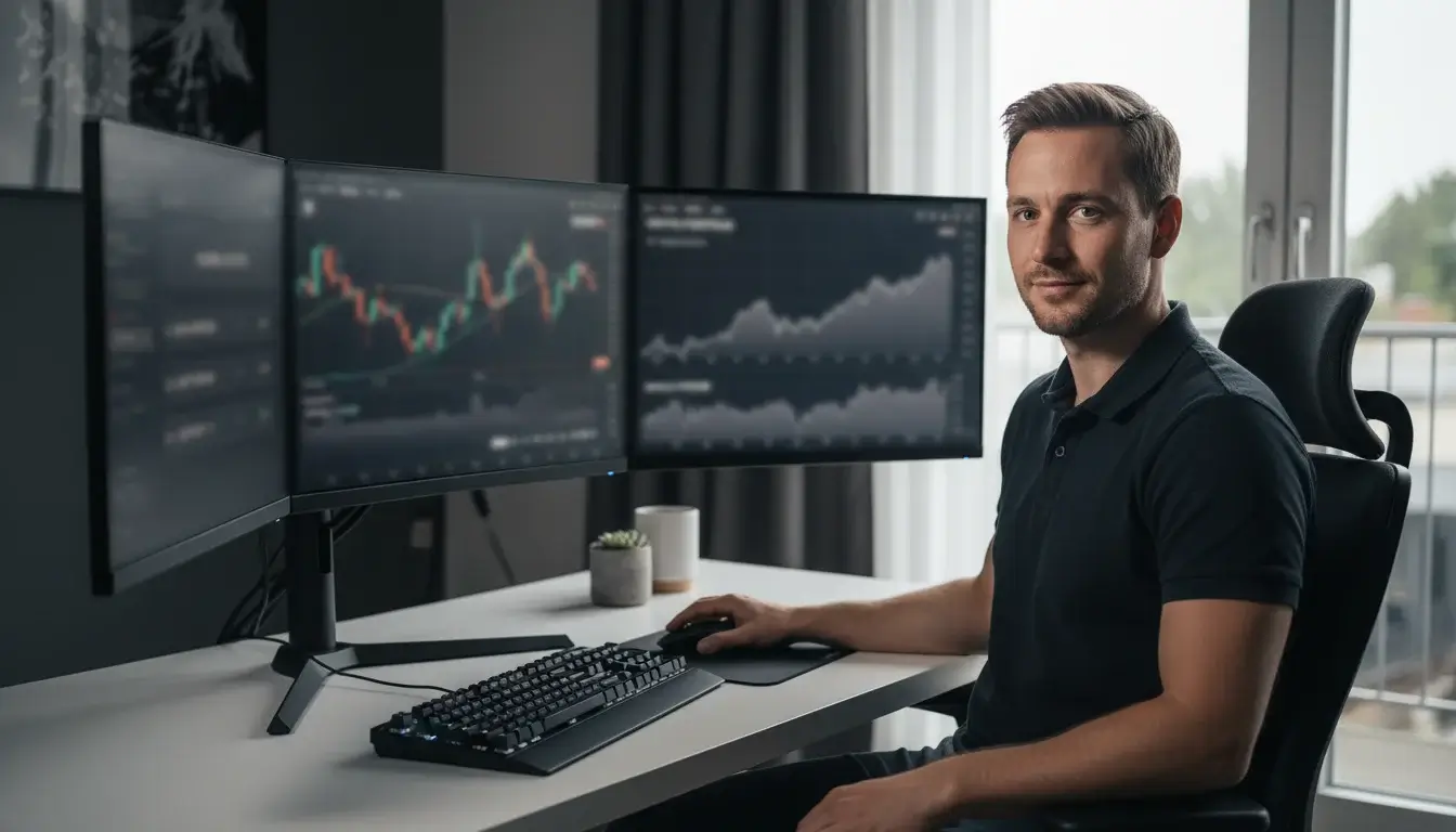 Professioneller Sportwetter analysiert Krypto-Wettplattformen auf mehreren Bildschirmen