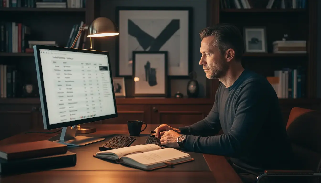 Konzentrierter professioneller Sportwetter bei der strategischen Analyse am Arbeitsplatz