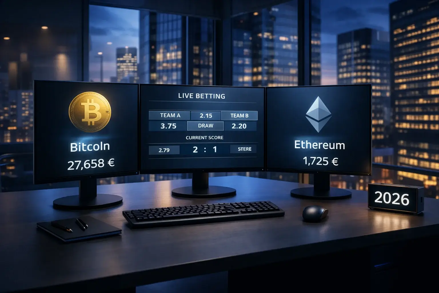 Modernes Büro mit Trading-Setup und Kryptowährungssymbolen auf Bildschirmen