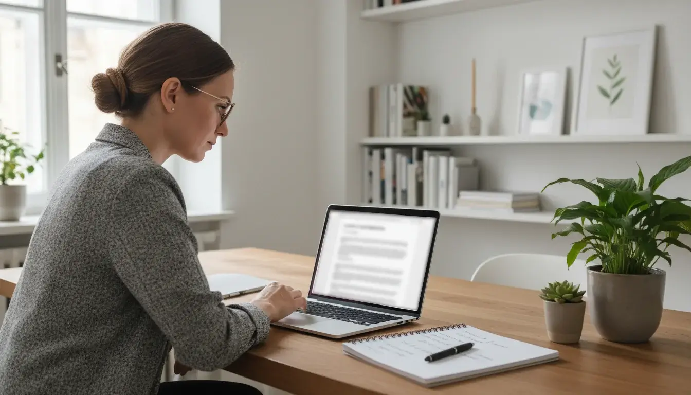 Person liest aufmerksam die Geschäftsbedingungen eines Wettanbieters auf dem Laptop