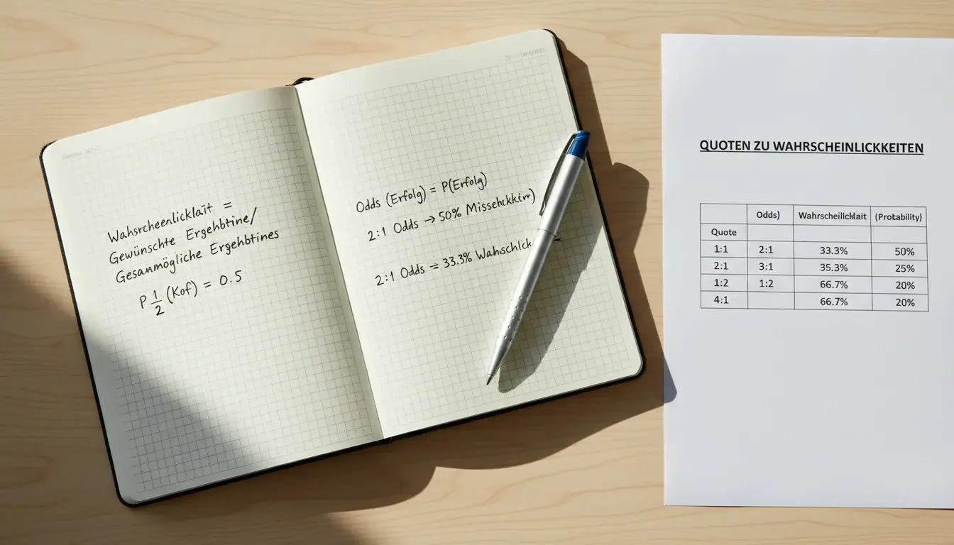Notizblock mit Wahrscheinlichkeitsberechnungen und Quoten-Umrechnungen auf einem Schreibtisch