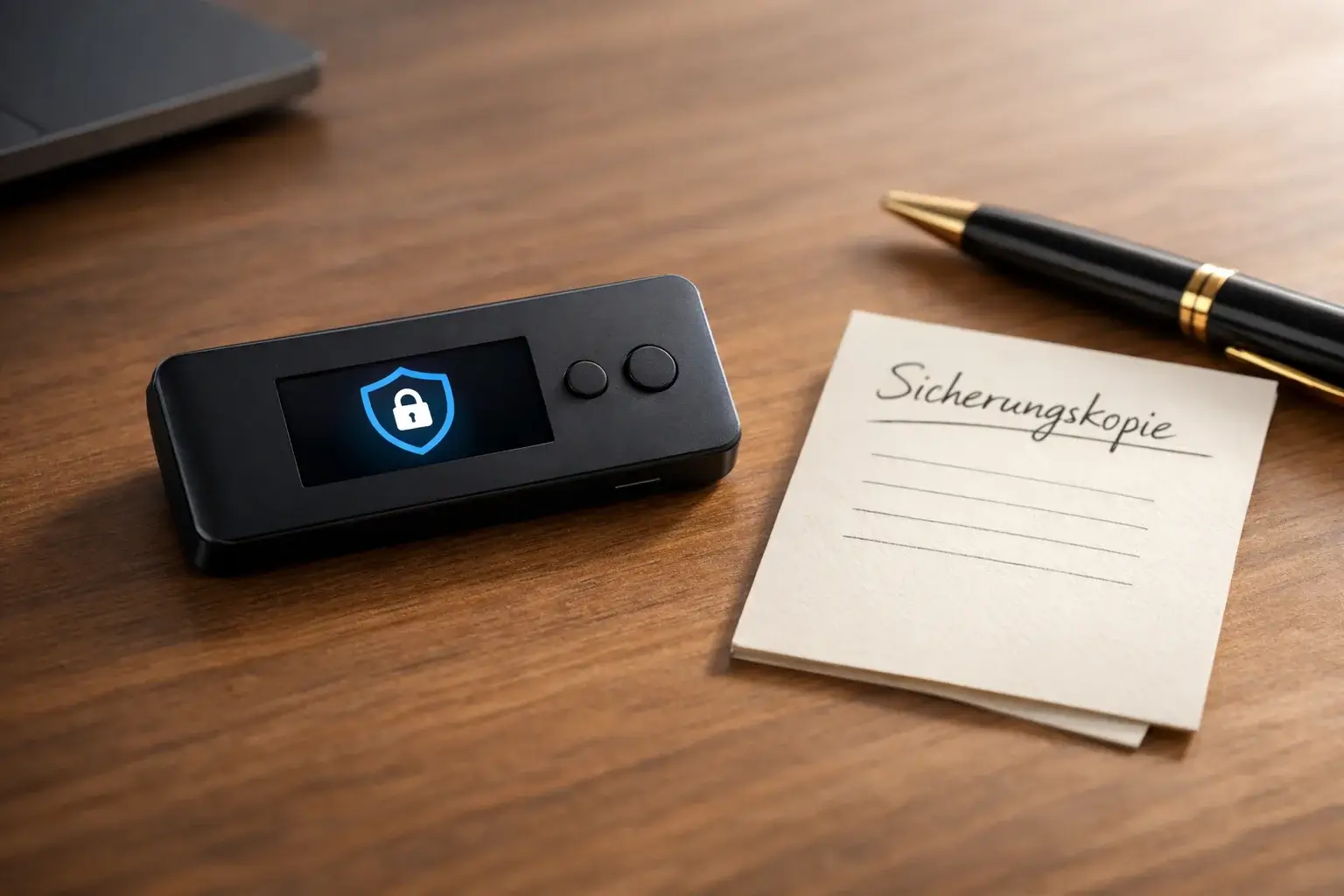 Hardware-Wallet für sichere Bitcoin-Aufbewahrung auf einem Schreibtisch