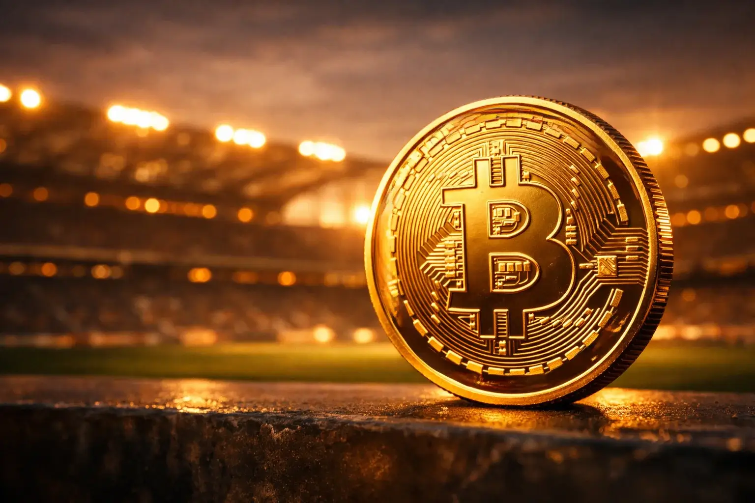 Bitcoin-Münze vor Sportstadion mit dramatischer Beleuchtung