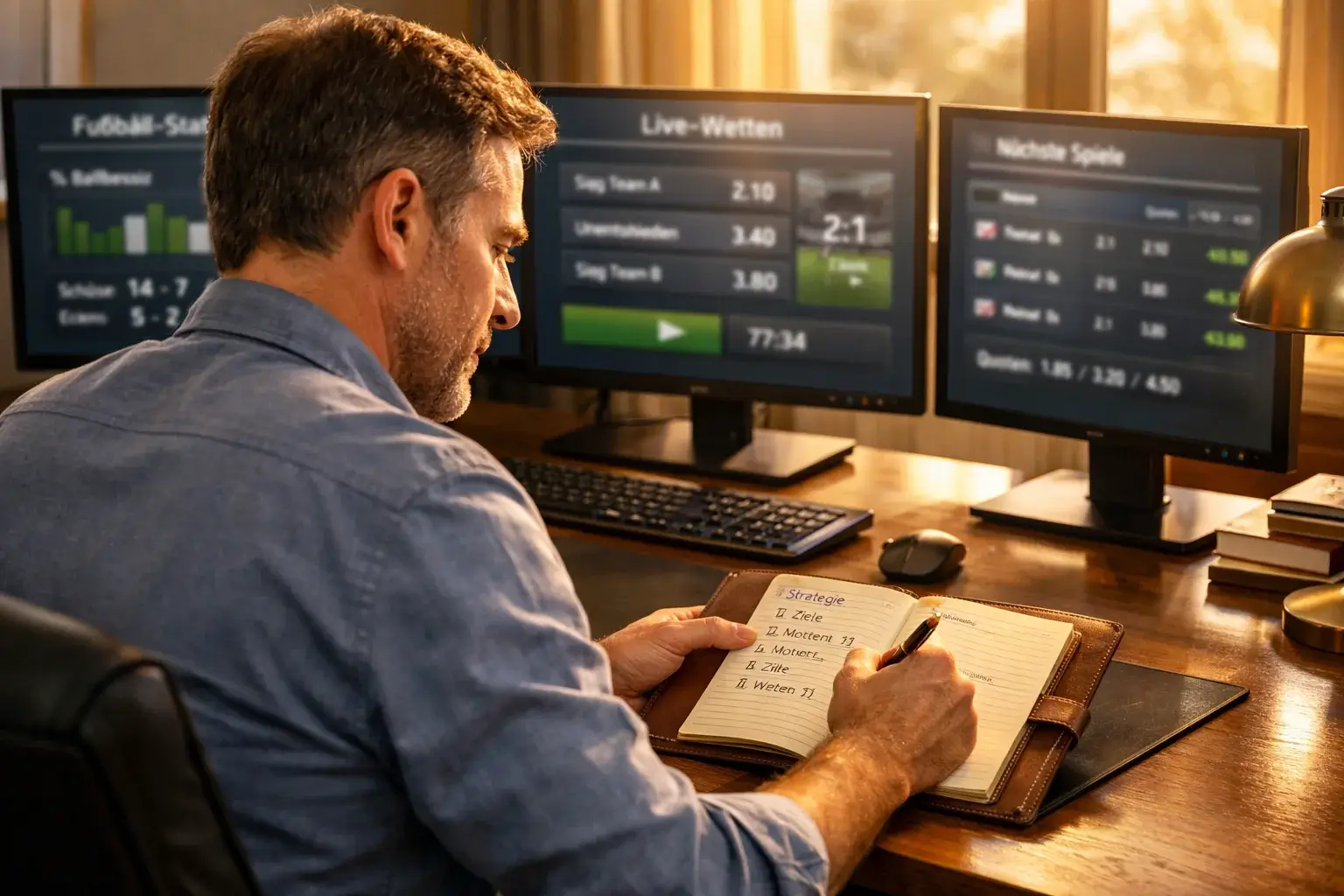Erfahrener Sportwetter entwickelt Strategien am professionellen Arbeitsplatz