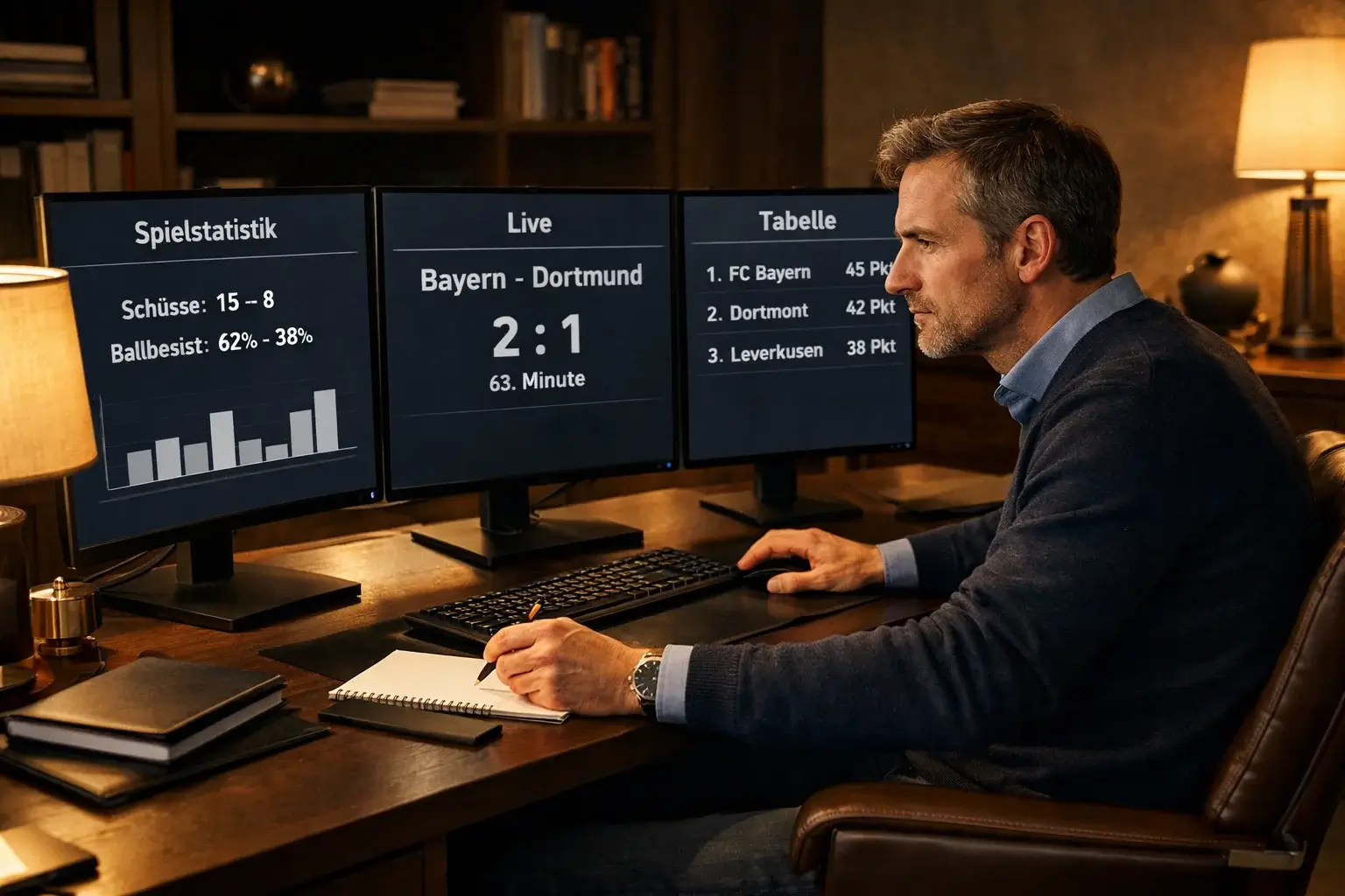 Professioneller Sportwetter analysiert Daten am Bildschirm