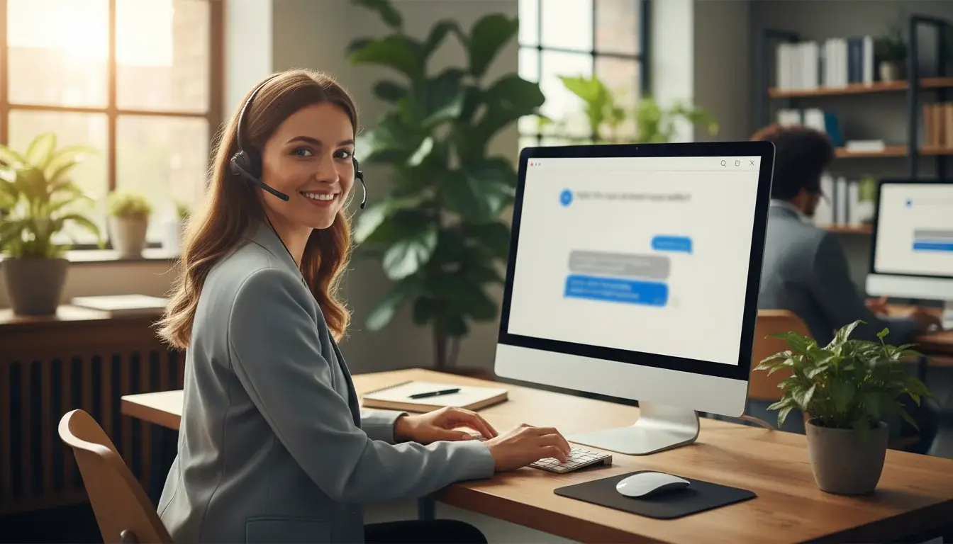 Professioneller VIP-Manager im Gespräch mit Kunde über Headset in modernem Büro