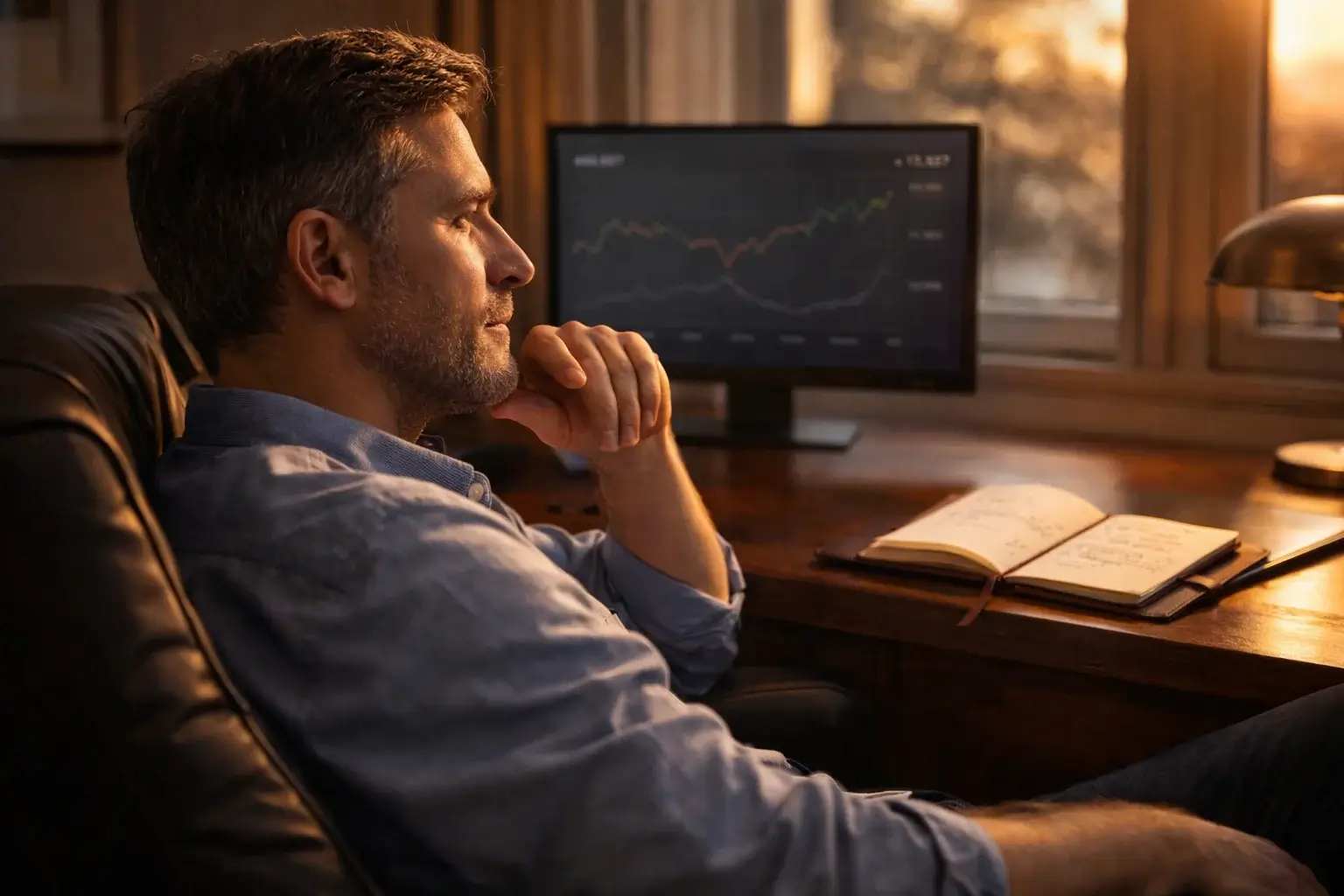 Nachdenklicher Sportwetter plant langfristige Strategie mit Notizen und Bildschirm im Hintergrund