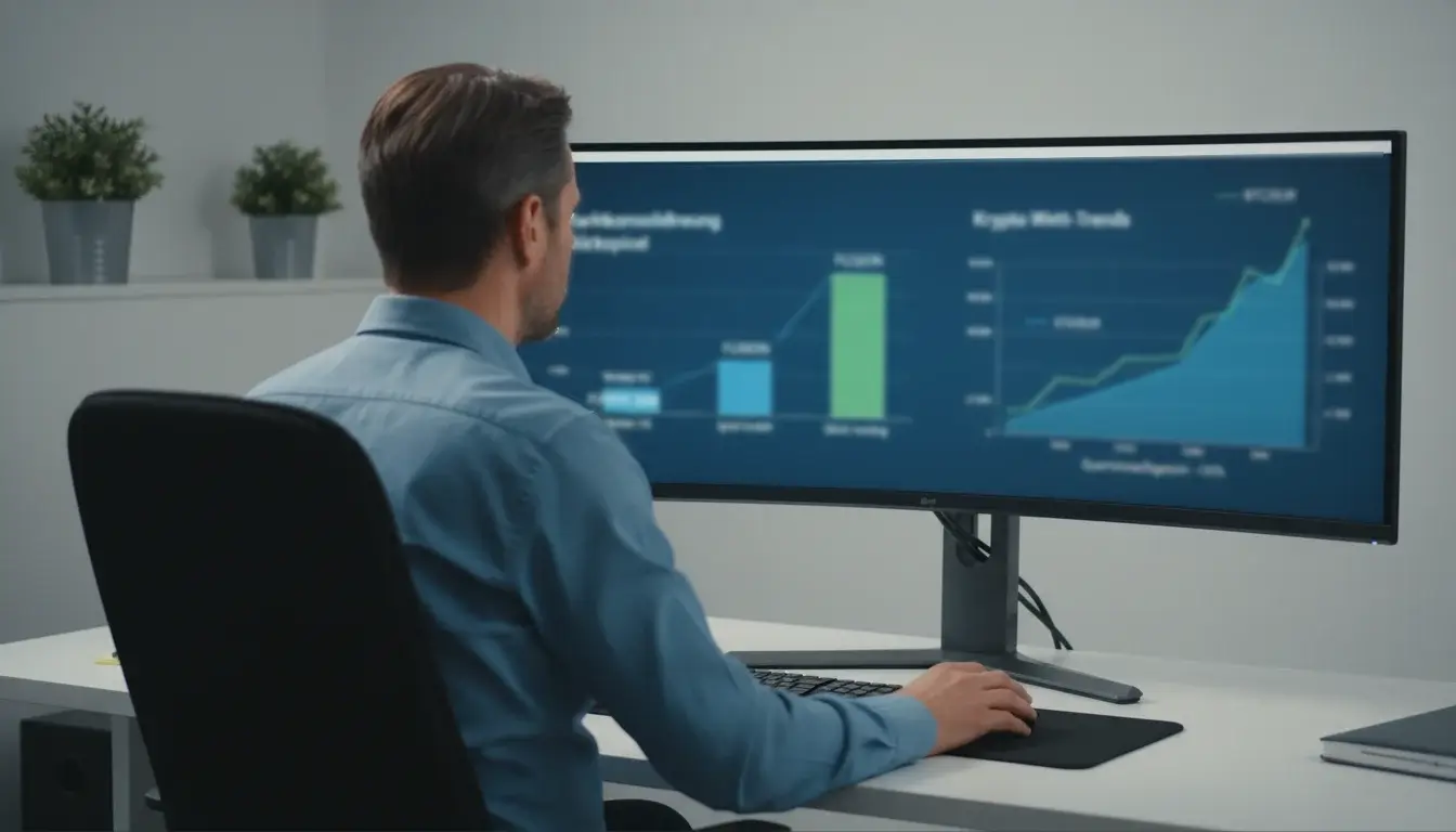 Professioneller Analyst betrachtet Marktentwicklung für Krypto-Sportwetten auf großem Bildschirm