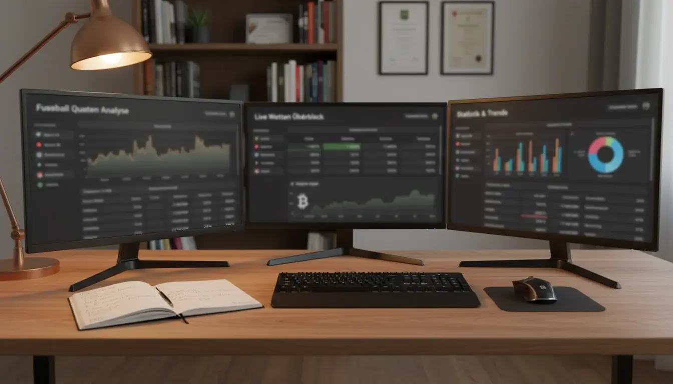 Organisierter Arbeitsplatz mit mehreren Bildschirmen für die Verwaltung verschiedener Wettkonten
