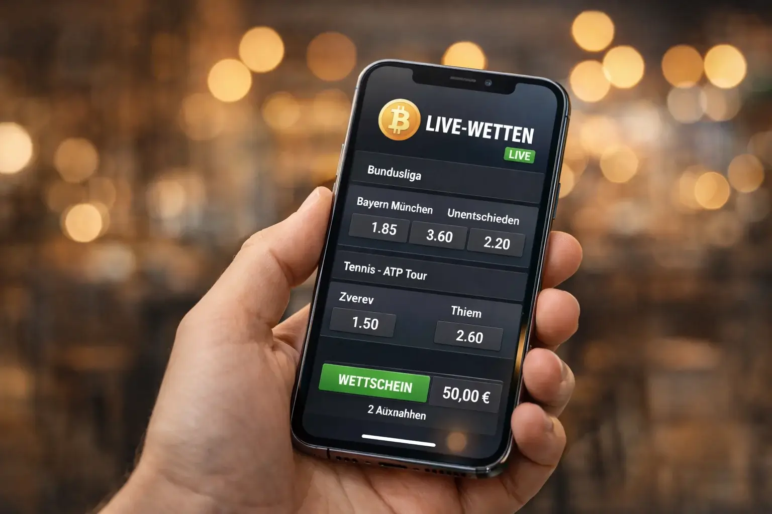Smartphone zeigt moderne Bitcoin-Wettplattform für mobiles High Stakes Wetten