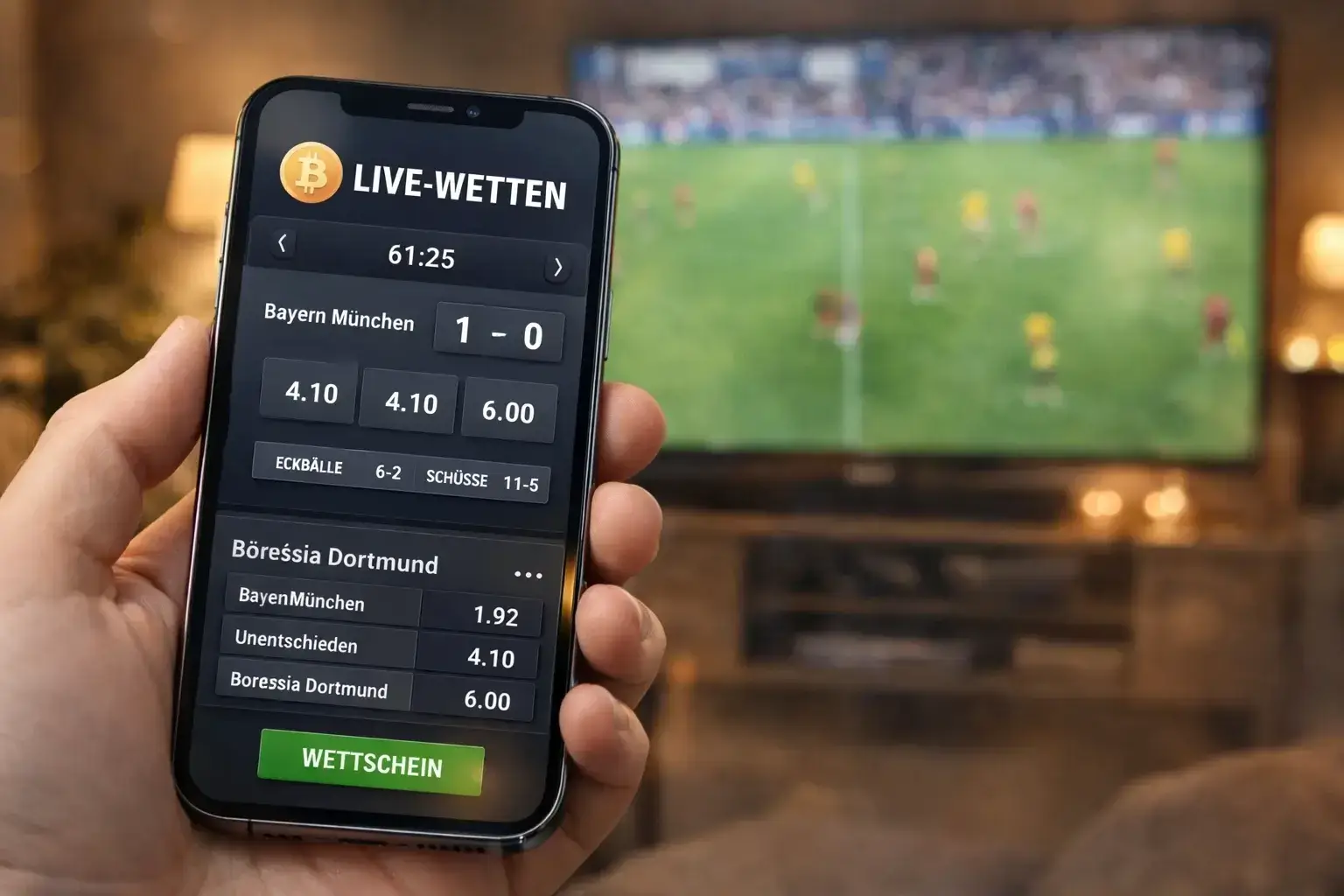 Smartphone zeigt Live-Wetten-Interface mit Echtzeit-Quoten während eines Fußballspiels