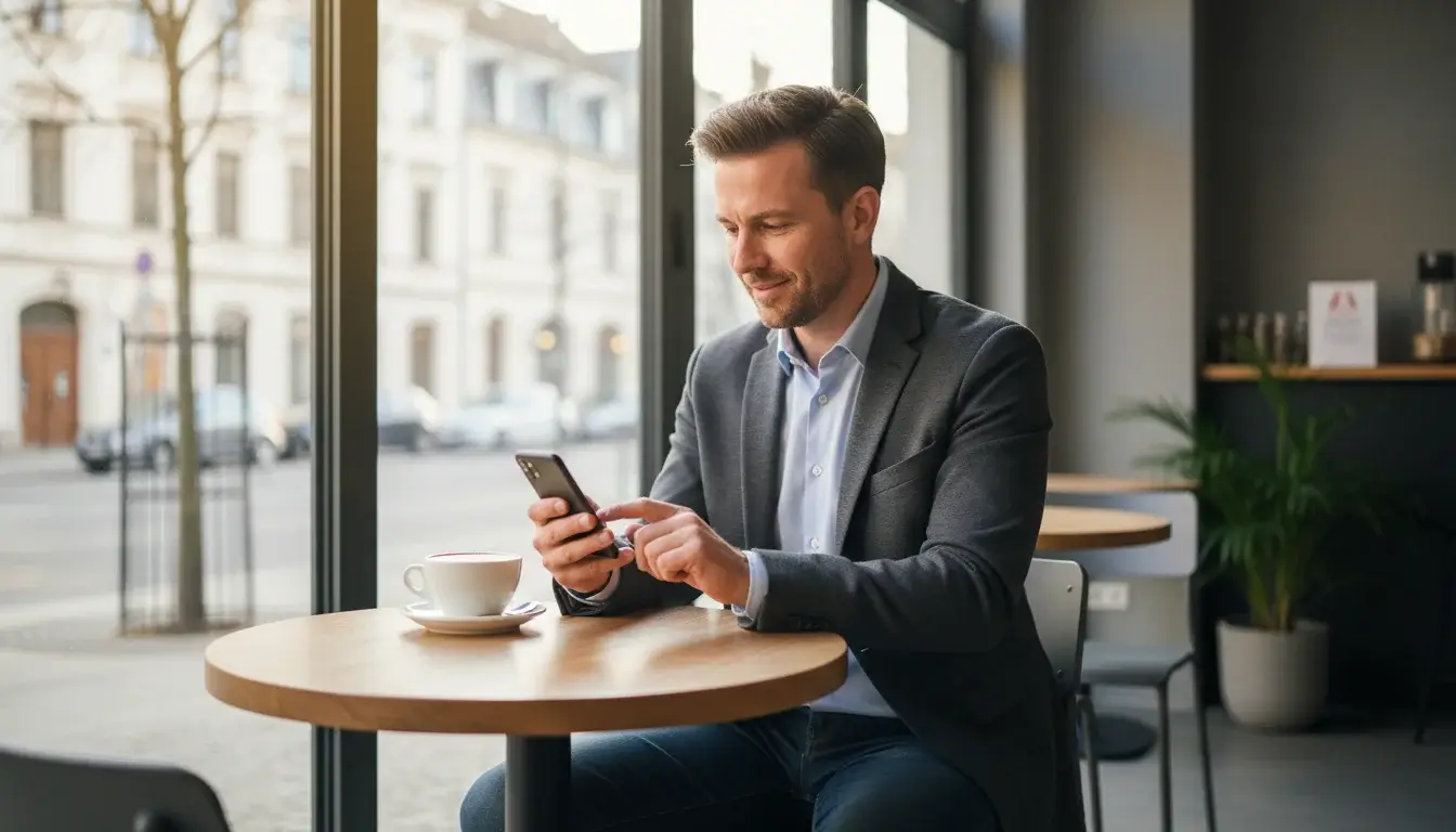 Erfolgreicher mobiler Wetter nutzt sein Smartphone strategisch während er entspannt in einem Café sitzt