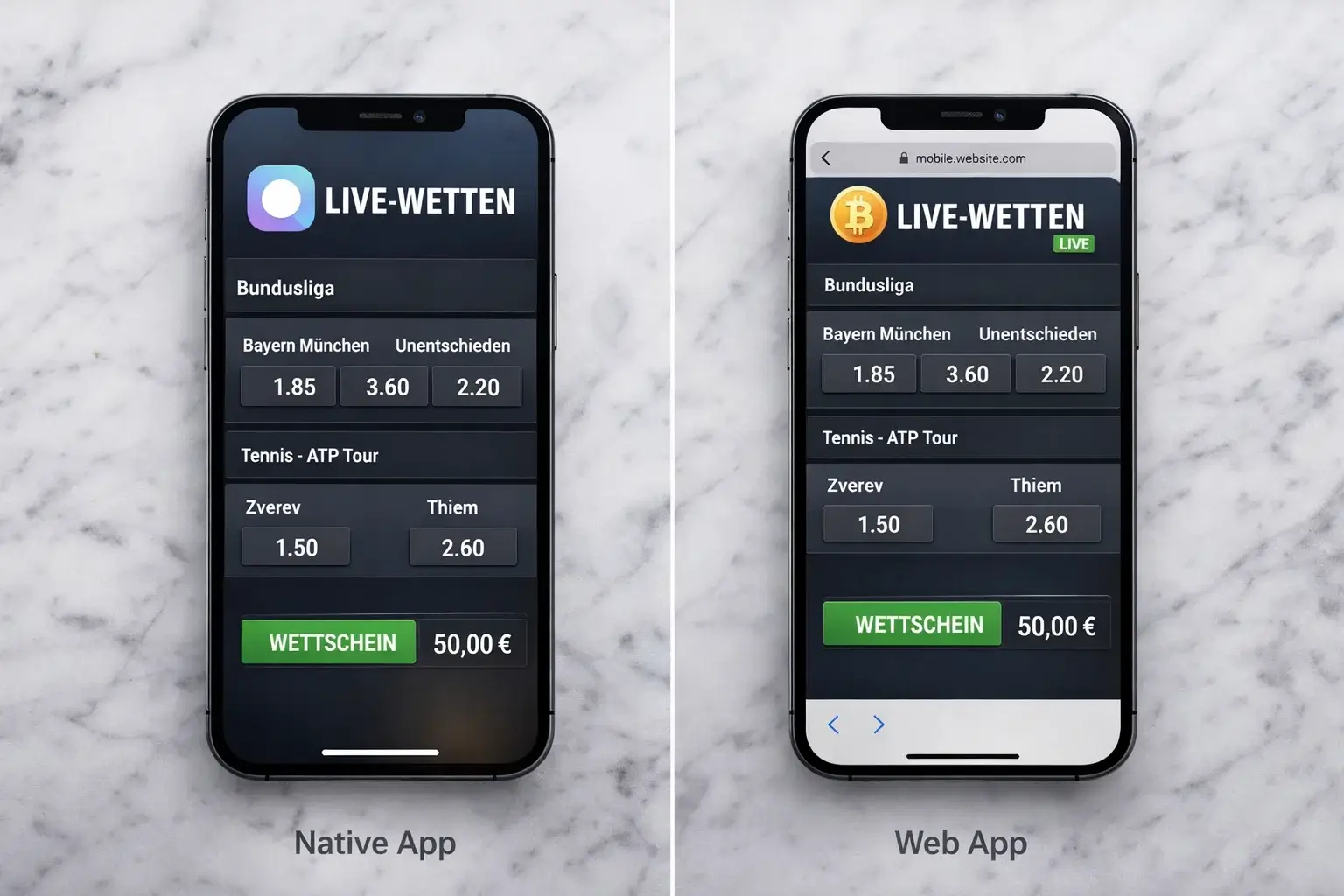 Vergleich zwischen nativer App und mobiler Webseite auf zwei Smartphones