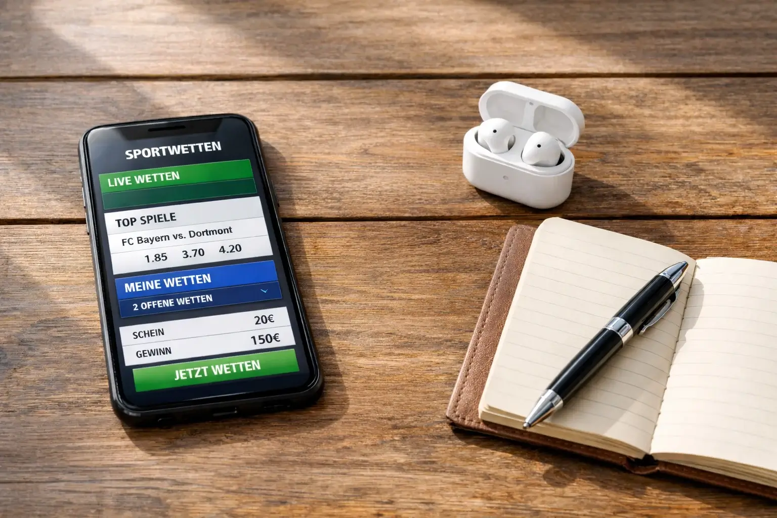 Organisierter mobiler Arbeitsplatz mit Smartphone, Tablet und Powerbank für unterwegs