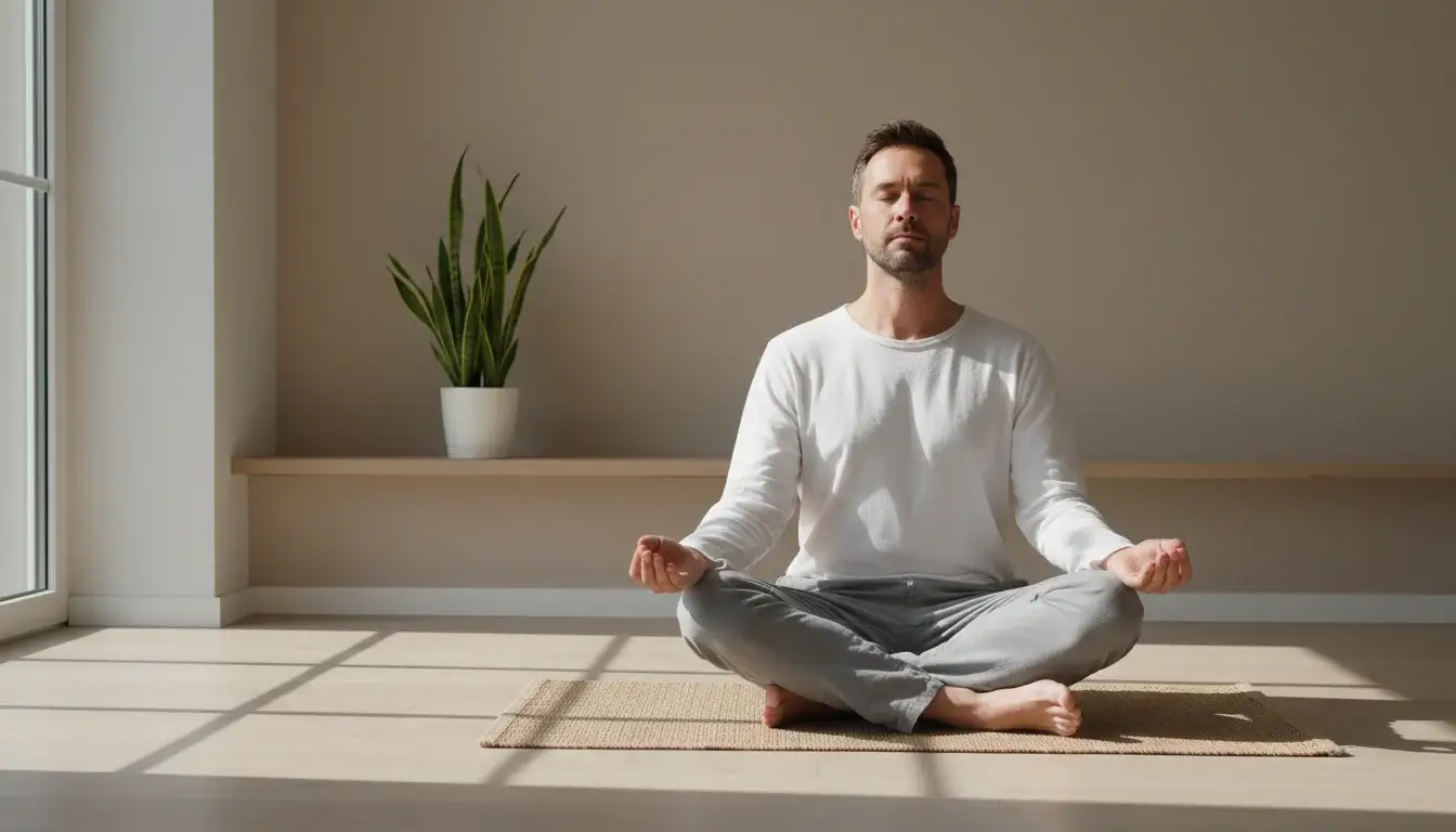 Konzentrierter Sportwetter in ruhiger Umgebung praktiziert emotionale Kontrolle und Fokus