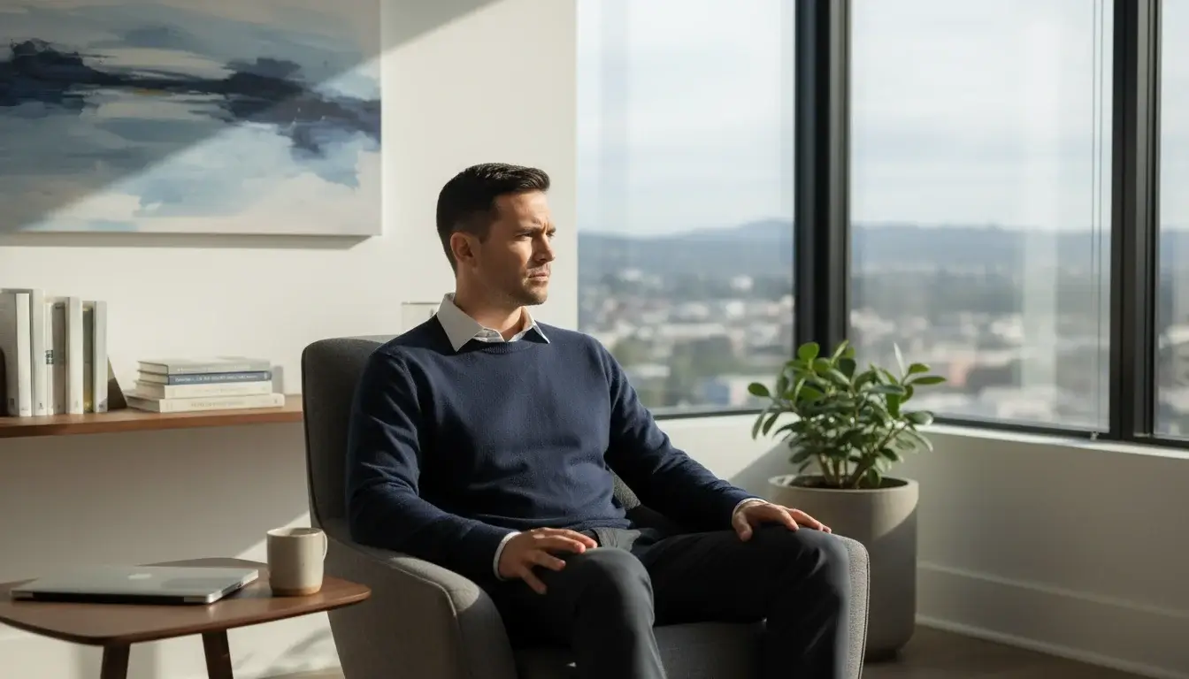 Nachdenklicher Sportwetter in ruhiger Umgebung beim mentalen Fokus und strategischen Denken