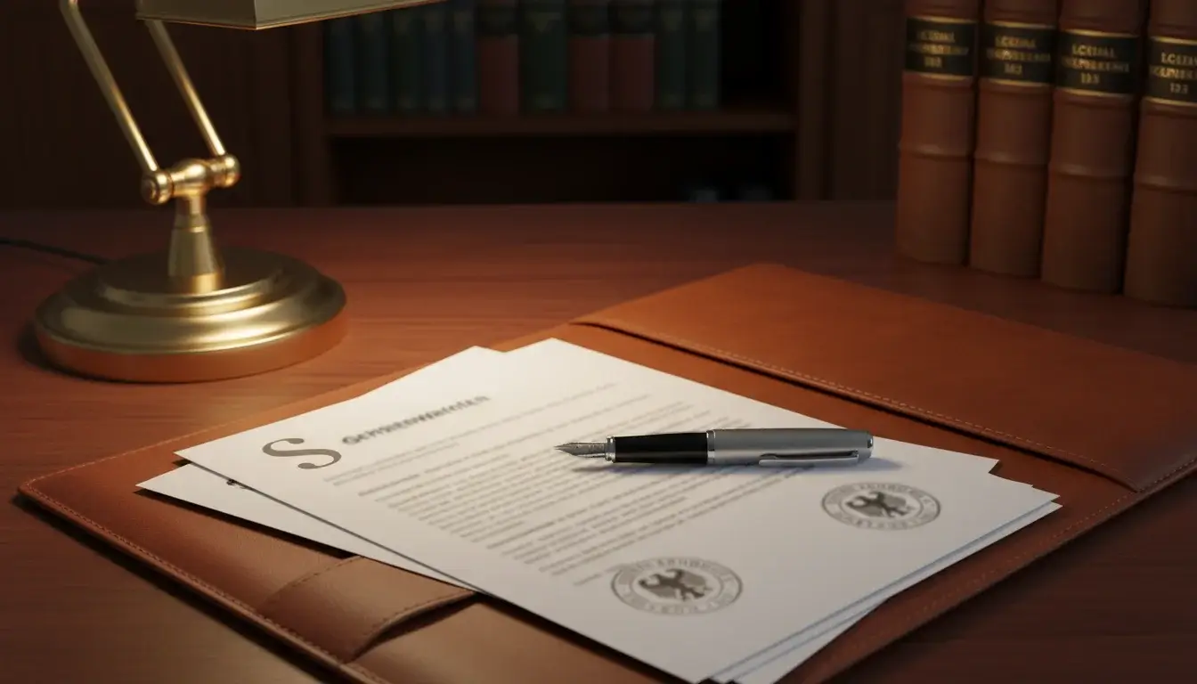 Dokumentenmappe mit deutschen Regulierungsdokumenten und Paragraphenzeichen auf einem Schreibtisch