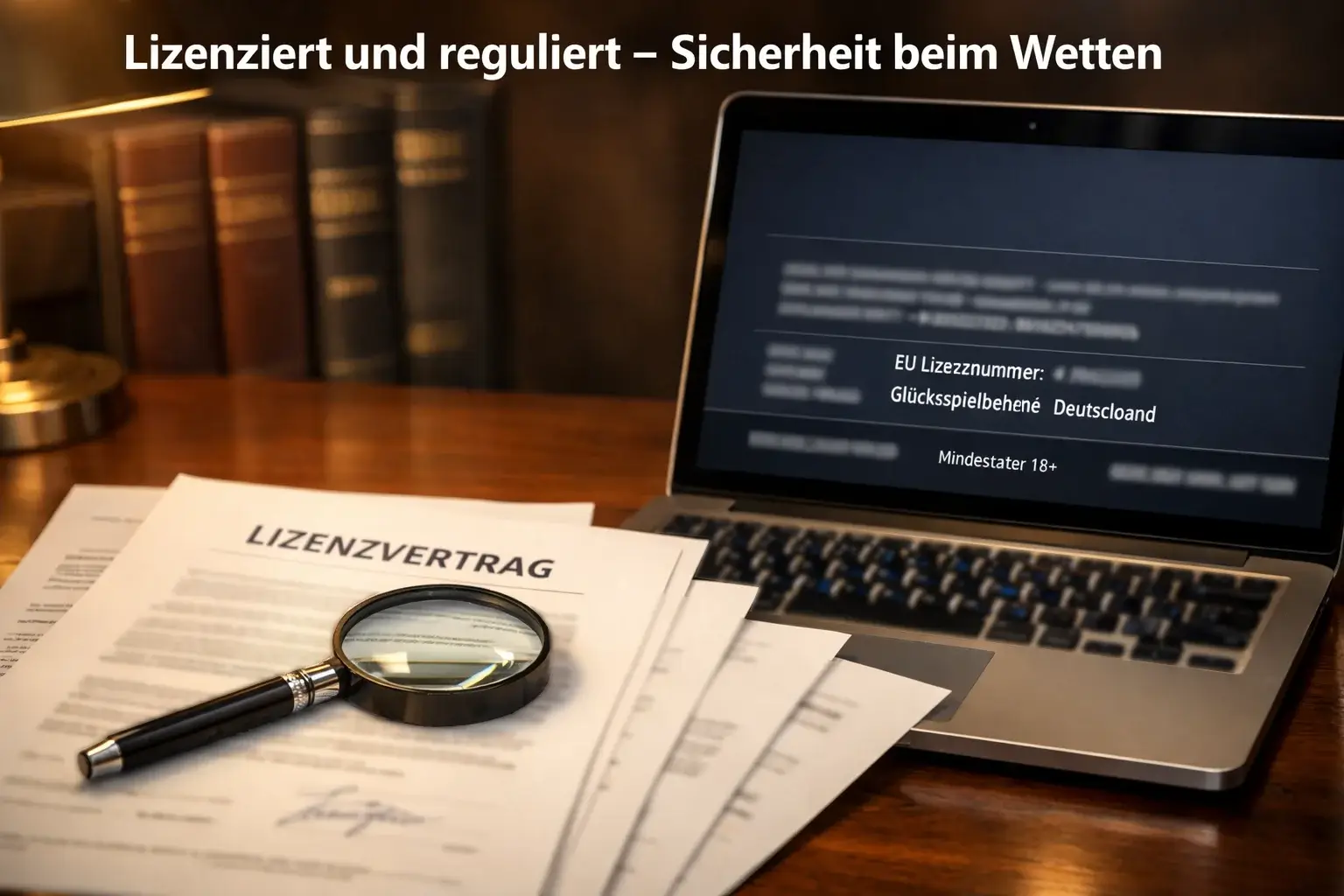 Dokumente und Lizenzunterlagen auf einem professionellen Schreibtisch mit Laptop