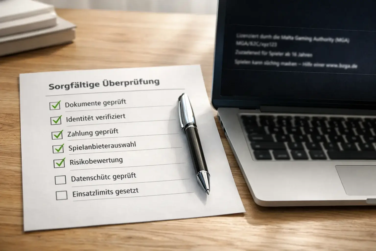 Checkliste zur Prüfung der Seriosität von Bitcoin-Wettanbietern auf einem Schreibtisch