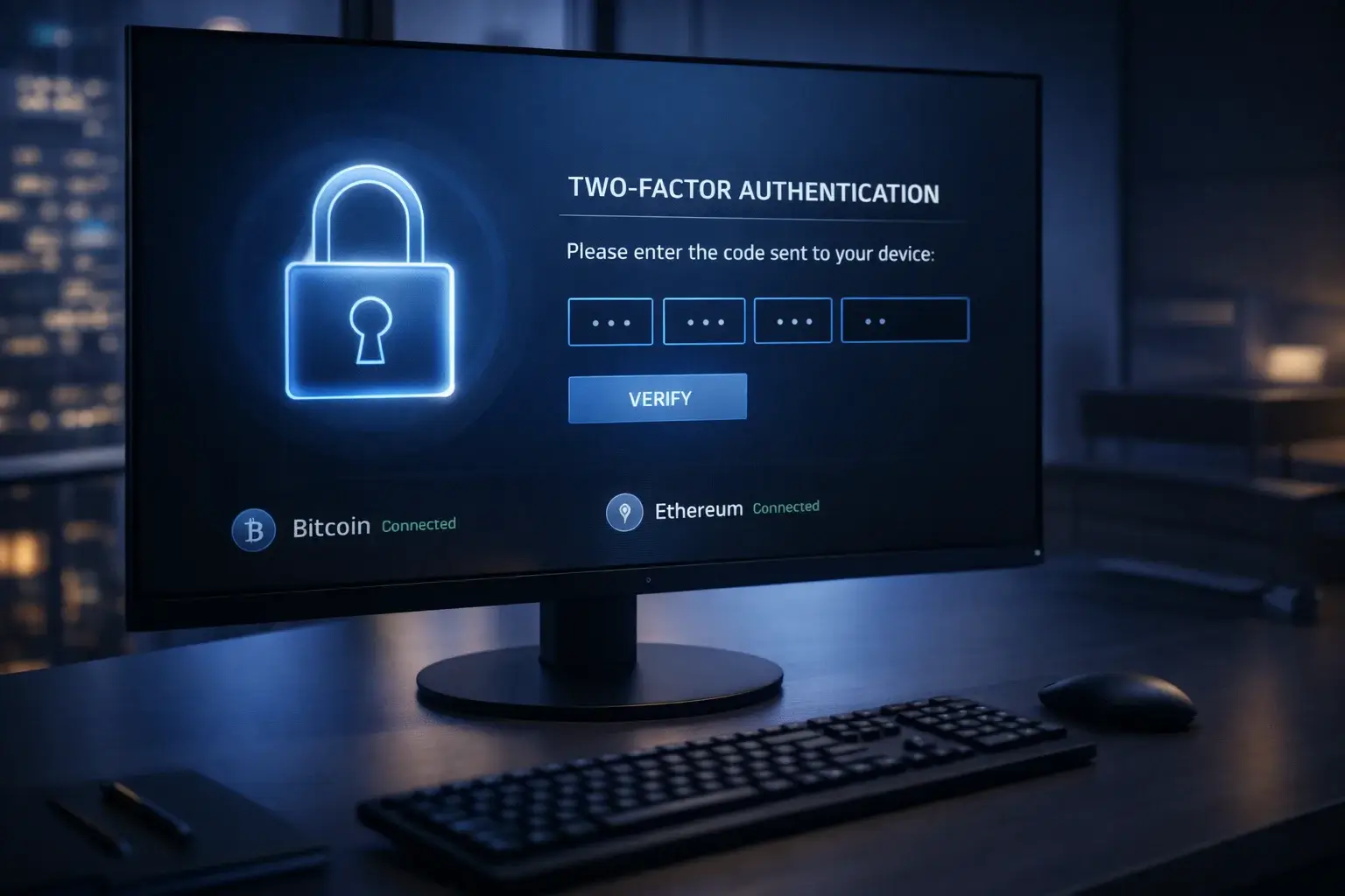 Digitale Sicherheitssymbole mit Schloss und Zwei-Faktor-Authentifizierung auf einem Bildschirm