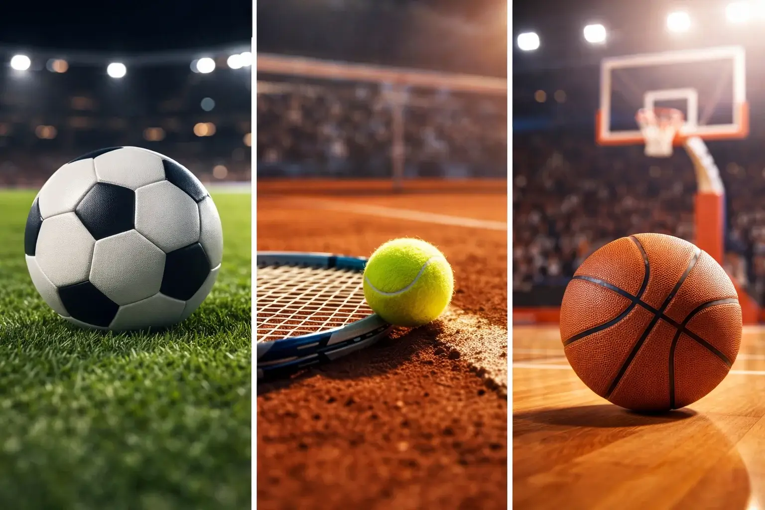 Verschiedene Sportarten wie Fußball, Tennis und Basketball für spezialisierte Wettstrategien