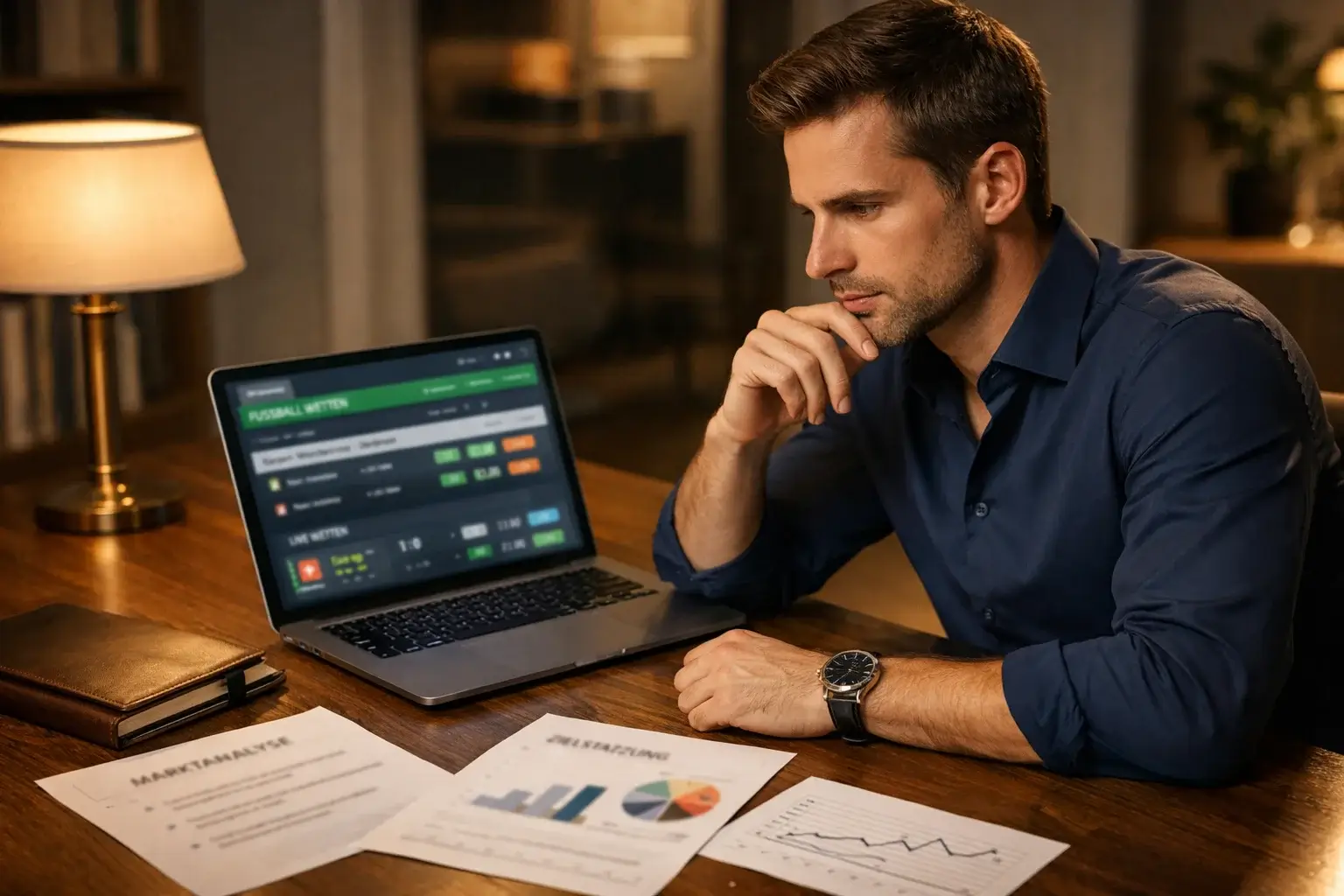 Professioneller Sportwetter entwickelt High Stakes Strategie am Schreibtisch