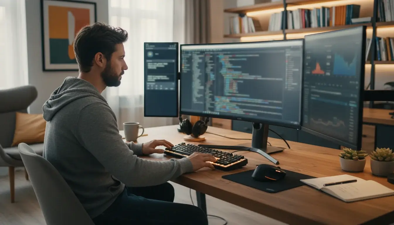 Programmierer arbeitet an Code für ein automatisiertes Wettsystem auf mehreren Monitoren