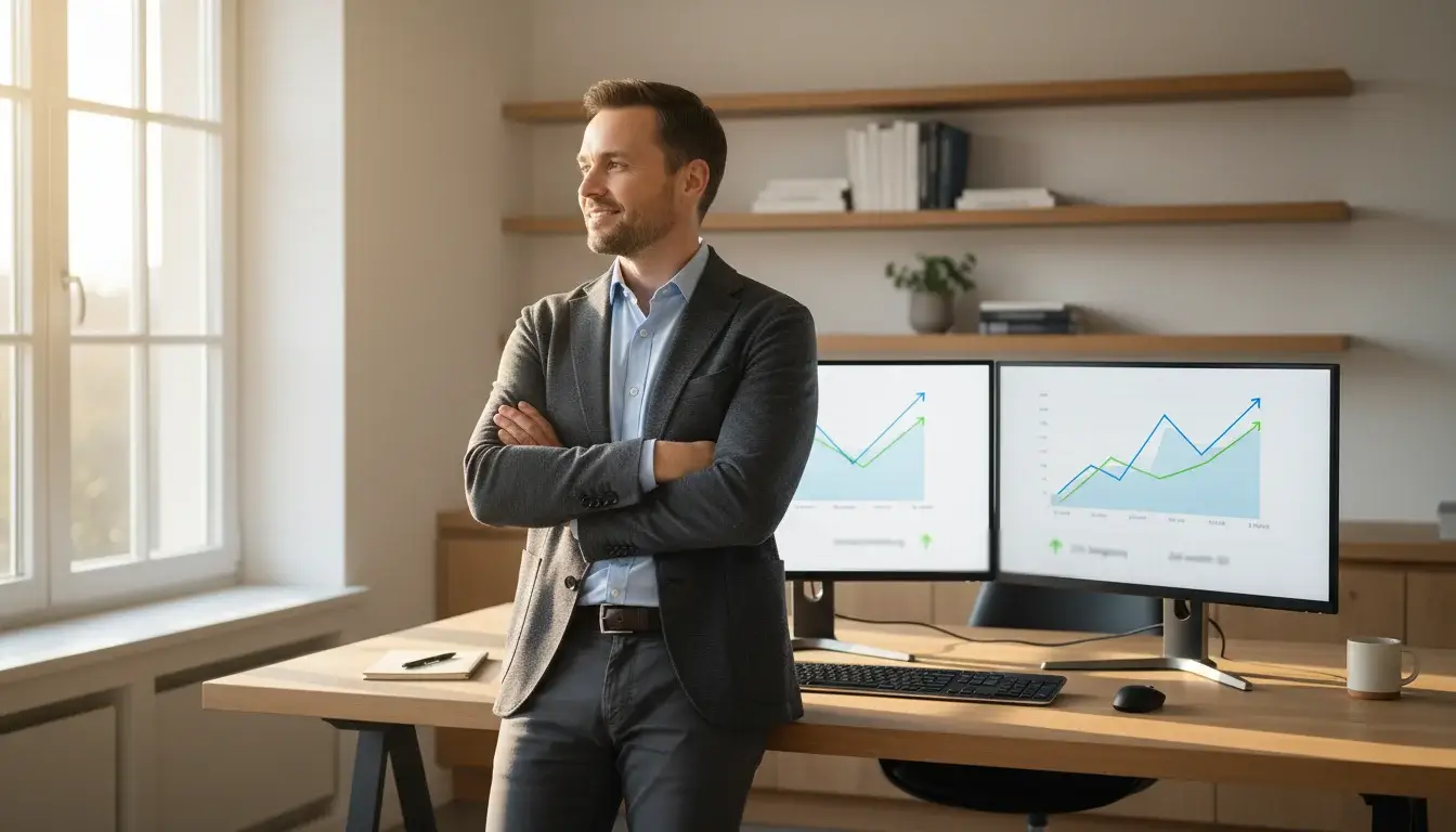 Professioneller Sportwetter blickt optimistisch in die Zukunft mit modernem Setup im Hintergrund